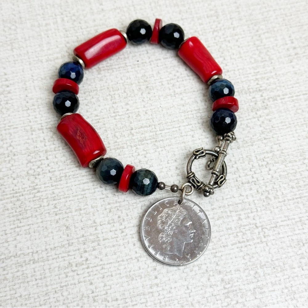 Handmade Dyed Red Coral with Vulcan 50 Lira Coin Charm